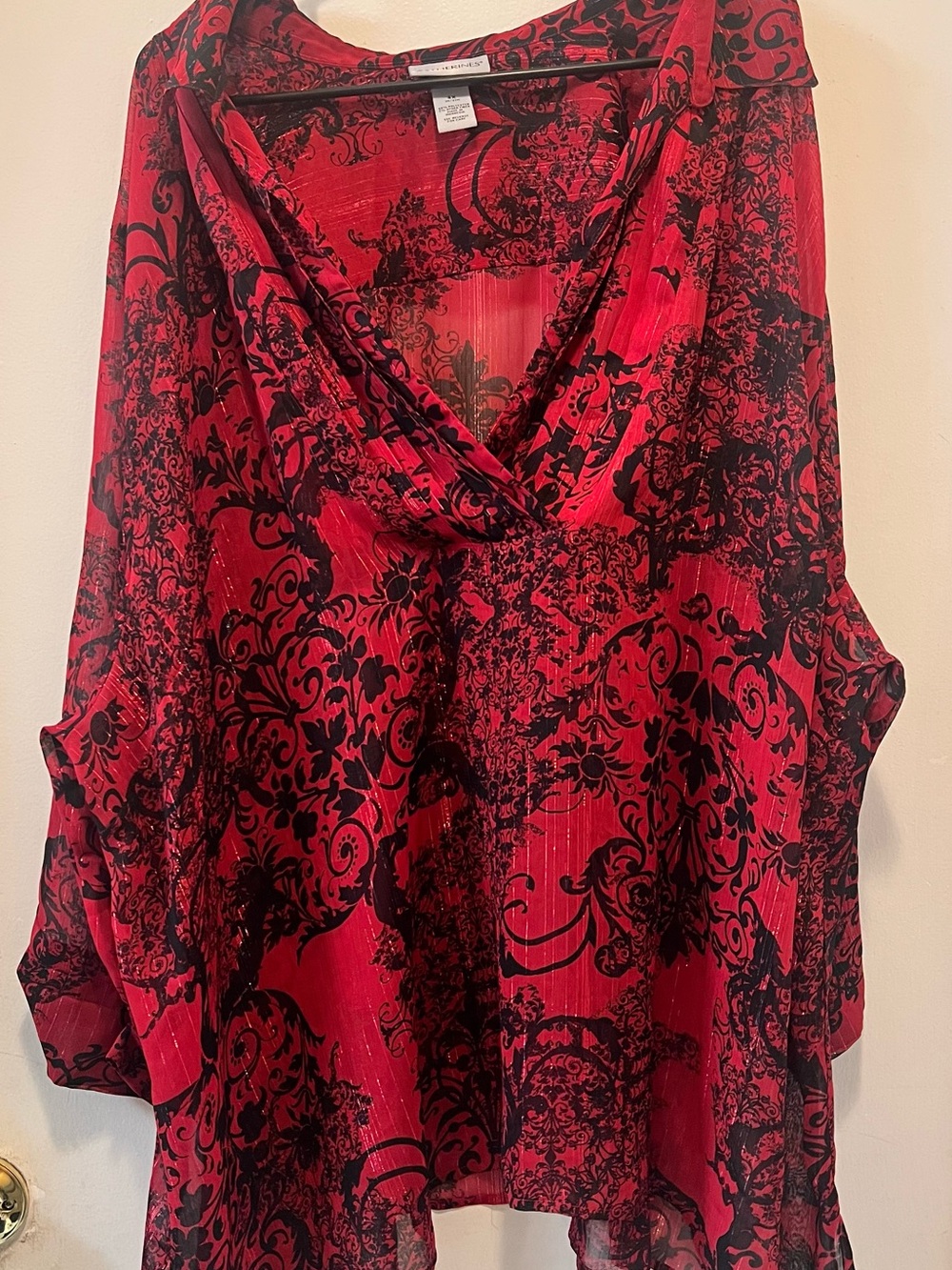 Catherines Red and Black Floral V-Neck Sheer Blouse